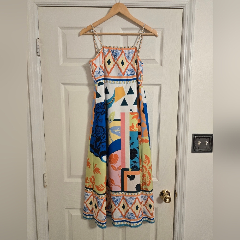 Emory Rose Blue And White Colorful Geometric Patterned Dress size large